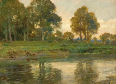 Red Deer By A Pond At Sunset