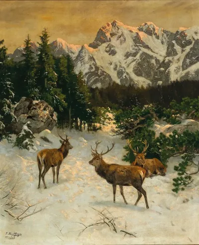 Red Deer In The Alps In Winter
