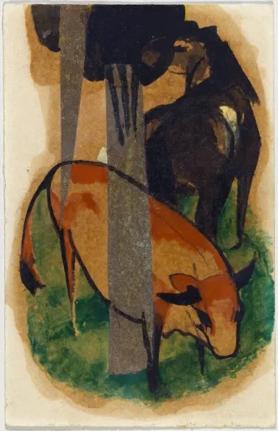 Red Horse And Yellow Cattle Black Brown Horse And Yellow Cattle