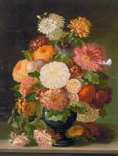 Red Orange White And Pink Flowers In A Black Vase