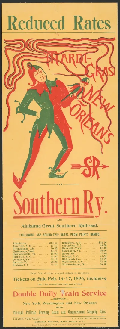 Reduced Rates Mardi Gras New Orleans Via Southern Ry And Alabama Great Southern Railroad