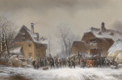Reges Treiben In Einem Winterlich Verschneiten Dorf