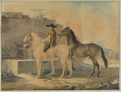 Reiter Mit Zwei Pferden Am Brunnen