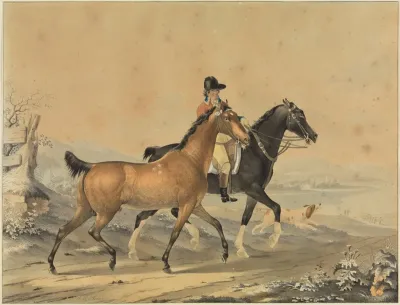 Reiter Mit Zwei Pferden Und Hund