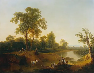 Reiter Und Fischer In Einer Flusslandschaft