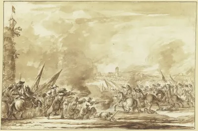 Reiterangriff Auf Infanterie Vor Den Toren Einer Stadt