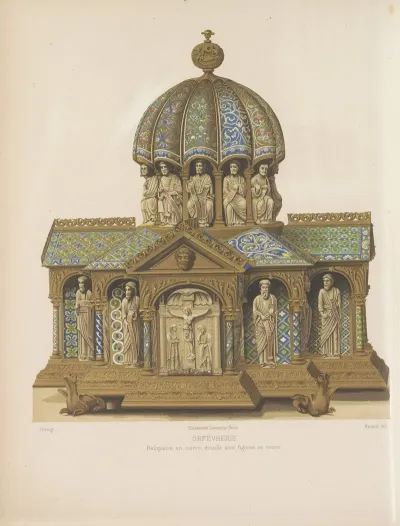 Reliquaire En Cuivre Emaille Avec Figures En Ivoire