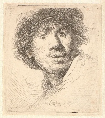Rembrandt In A Cap Open Mouthed And Staring Bust In Outline