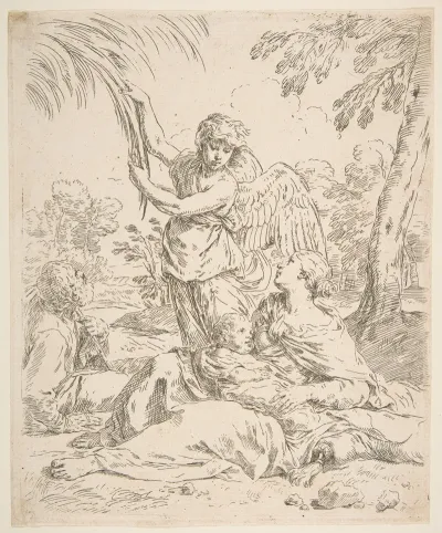 Repose In Egypt Mary Nursing The Infant Christ While An Angel Pulls At Tree Branches
