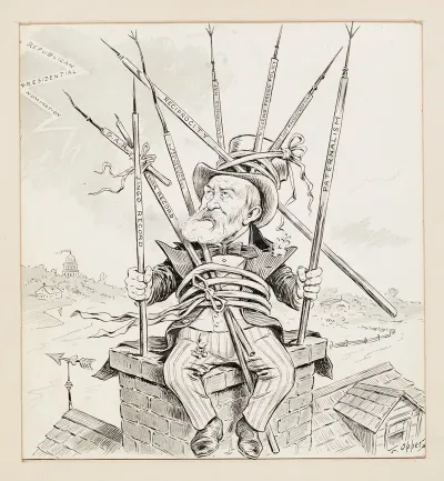Republican Politician James G Blaine Atop Chimney With Numerous Lightening Rods Attached To Him