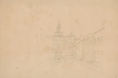 Residential Street Scene In Unidentified City With Public Building With Steeple On Hill In Background And Horse And Cart Or Wagon In Foreground