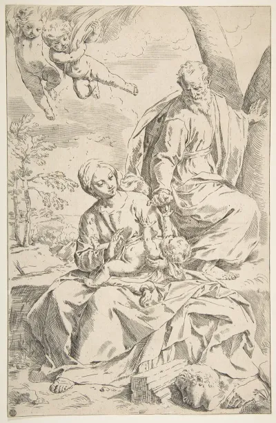 Rest On The Flight Into Egypt Mary Holding The Infant Christ While St Joseph Hands Him A Fruit
