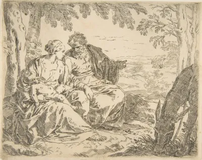 Rest On The Flight Into Egypt Mary Holding The Infant Christ While St Joseph Points Into The Distance