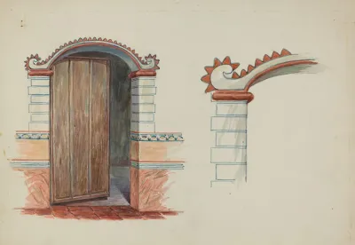 Restoration Drawing Wall Decoration Over Doorway Facade Of Mission House 3