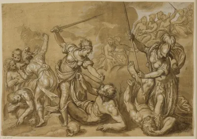 Retfaerdigheden Mercur Og Minerva Besejrer De Onde Magter Mens En Gruppe Gudinder Ser Til Fra Skyerne