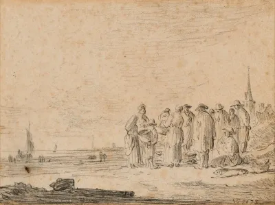 Retour De Peche Sur Le Bord Du Rivage Le Clocher Dune Eglise A Larriere Plan