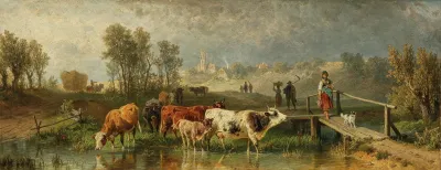 Returning From The Field In The Background A Small Village