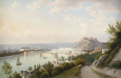 Rheinlandschaft Bei Koblenz Mit Der Pfaffendorfer Brucke Erbaut 1864 Und Der Festung Ehrenbreitstein