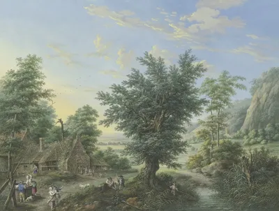 Rich Landscape With Trees Meadows And Villages In The Front Left A Hut With A Well And Many Figures