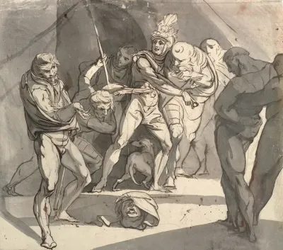 Richard Plantagenet Throws The Severed Head Of The Duke Of Somerset At The Feet Of His Father Illustration For Shakespeares Henry Vi Part 3 Act 1 Line 20