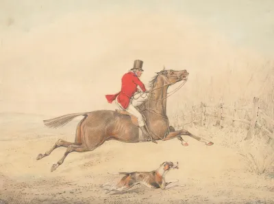 Rider On A Brown Horse About To Jump A Rail Fence To The Right