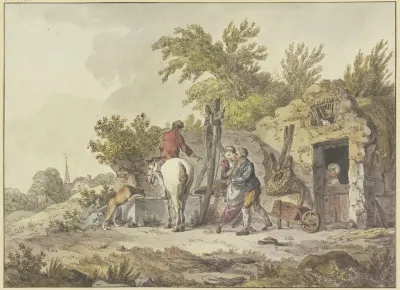 Rider With Dog At A Watering Place On The Right A Man Embraces A Girl