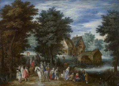 Riders And Walkers On A Path In A River Landscape