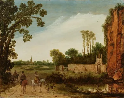 Riders On A Road Beside A Pool A Landscape Beyond