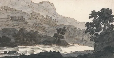 River And Mountain With Ruins