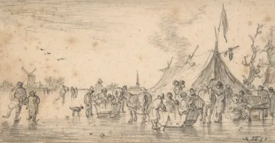 River Landscape In Winter With Figures Skating And Sleds