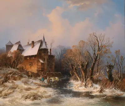 River Landscape In Winter With House And Decorative Figures