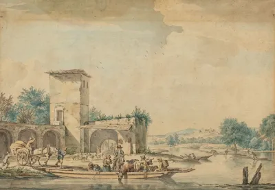 River Landscape With A Ferry Boat