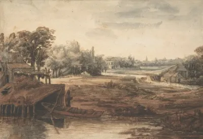 River Landscape With A Man Standing By A Boathouse