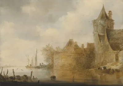 River Landscape With A Tower And Village Buildings Behind A Wall