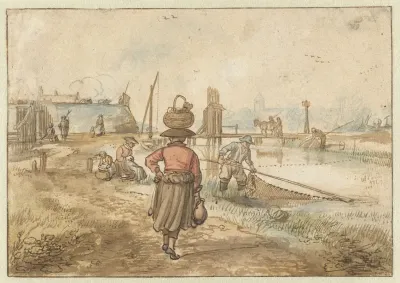 River Landscape With A Woman Carrying A Basket On Her Head Fishermen And Other Figures Near The Walls Of A Town