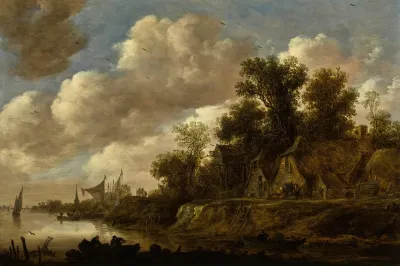 River Landscape With Farmhouses And A Dovecote Upon A High Bank