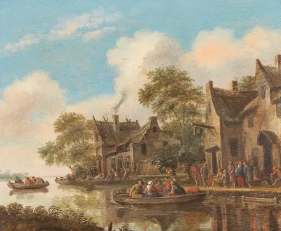 River Landscape With Ferry Boats And A Tavern