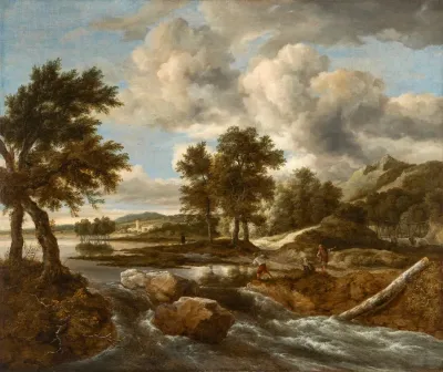 River Landscape With Figures On The Banks Of A Torrent A Shepherd Beyond