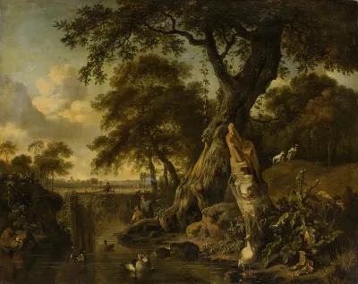 River Landscape With Fisherman And Hunter