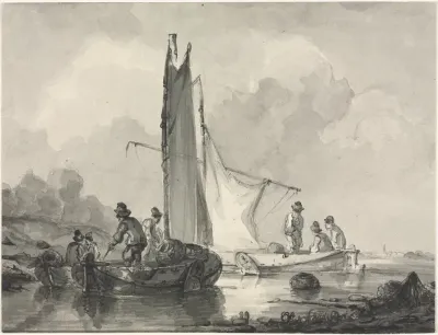 River Landscape With Fisherman And Three Boats