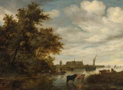 River Landscape With Fishermen And Cattle The Grote Kerk Of Alkmaar Beyond