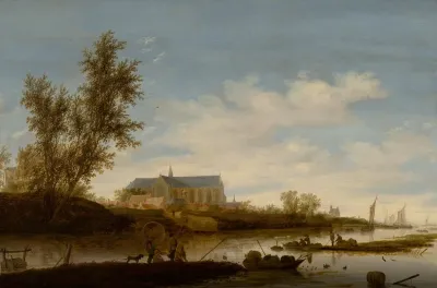 River Landscape With Fishermen In The Foreground The Laurenskerk In Alkmaar Beyond