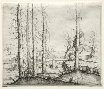 River Landscape With Five Bare Spruce Trees In The Foreground
