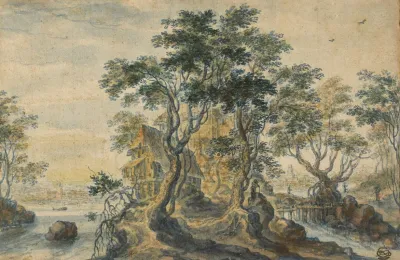River Landscape With House On A Rocky Island