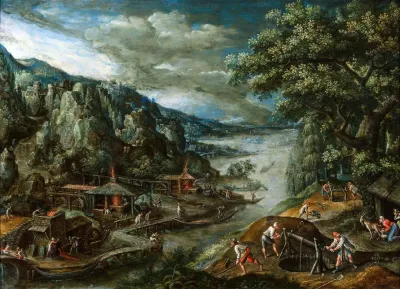 River Landscape With Iron Mining Scene