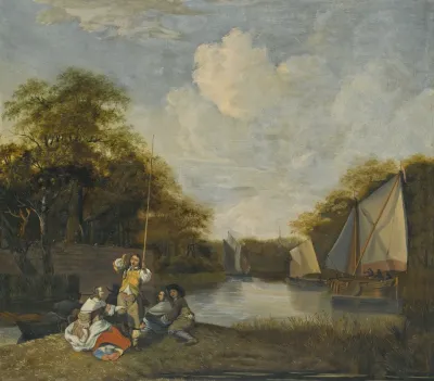 River Landscape With Party Fishing