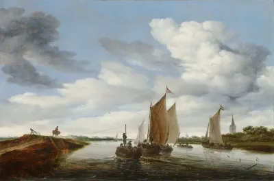 River Landscape With Sailing Boats And A Horse Drawn Barge