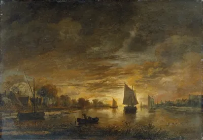 River Landscape With Ships At Moonrise