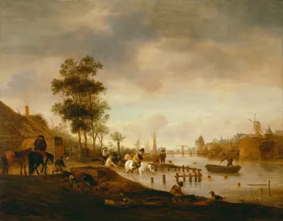 River Landscape With Swimmers