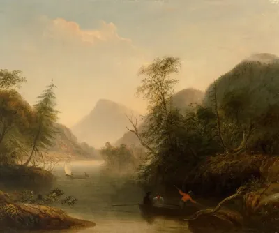 River Landscape With Three Men In A Punt